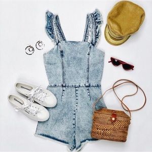Pants - Denim Washed Ruffle Romper Pants - Denim Washed Ruffle Romper
